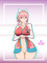 ai:_the_somnium_files bottomless cat_ear_headphones iris_sagan large_breasts pink_hair solo