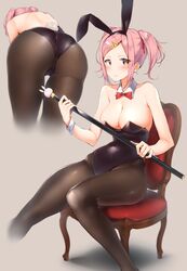 bending_over bunny_ears bunnysuit collar hechi_(hechi322) leggings magic_wand pink_hair ponytail sitting thick_thighs