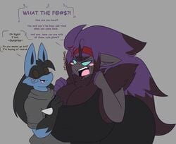 ass big_breasts breasts dart(dewwydartz) dewwydarts dewwydartz female furry game_freak lucario male nea(dewwydartz) nintendo pokemon pokemon_(species) purple_hair text thighs zoroark