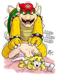 1boy 1girls 1up blonde_hair blue_eyes bowser crown doggy_style earrings female gloves interspecies koopa long_gloves long_hair male male/female mario_(series) mostly_nude naked_gloves nintendo no_bra no_panties nude penetration princess_peach richardblackfox royalty sex sheet_grab stockings straight super_mario_bros. taken_from_behind white_background white_gloves