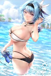 ass beach big_breasts bikini breasts busty butt_crack choker cleavage erect_nipples eula_(genshin_impact) genshin_impact looking_at_viewer necklace rei_kun smile solo strapless_bikini tubetop underboob