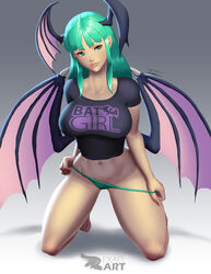 barefoot breasts clothing darkstalkers demon_wings exael green_eyes green_hair green_panties head_wings kneeling large_breasts morrigan_aensland navel no_pants panties panty_pull succubus tagme tight_clothing wings