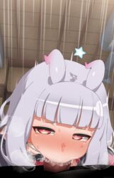 1boy bangs blunt_bangs blush bow deepthroat fellatio female full-face_blush grey_hair heart heart_in_eye highres horns long_hair looking_at_viewer mizumizuni oral penis red_bow red_eyes sekai_seifuku:_bouryaku_no_zvezda straight symbol_in_eye venera-sama