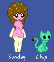 2017 anthro breasts cat_ears cat_tail character_profile chip_(screwroot) domestic_cat felid feline felis female feral green_body ice_cream male naked nipples nude nude_female nudity pink_body pussy royalty screwroot solo solo_female standing sunday_(screwroot) tail