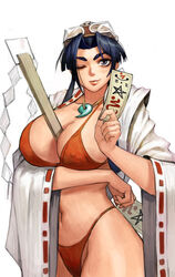 2d bangs bare_shoulders bikini bikini_top black_hair blinking blue_eyes breasts carcass_(artist) cleavage closed_mouth female goggles goggles_on_head huge_breasts japanese_clothes koyori large_breasts lips long_hair magatama miko navel nipples ofuda red_swimsuit sengoku_ace simple_background smile solo swimsuit talisman thick_thighs thighs very_long_hair white_background