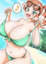 1girls alternate_breast_size aqua_eyes big_breasts bikini breasts eye_contact eyewear_on_head female huge_breasts large_breasts looking_at_viewer nintendo orange_hair pokemon pokemon_ss sakiyuki_fumei side_ponytail solo sonia_(pokemon) thick_thighs wide_hips