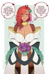 1girls alternate_costume bodystocking bouquet bridal_veil bride cleavage cryptid_crab dark-skinned_female dark_skin earrings english_text fire_emblem fire_emblem:_three_houses flower hair_over_shoulder hapi_(fire_emblem) large_breasts looking_at_viewer medium_hair nintendo red_eyes red_hair see-through smile solo solo_female text thick_thighs thighhighs veil wedding_dress wholesome wide_hips