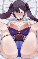 1girls 2021 areolae armpits bangs bare_legs black_hair blue_eyes blush blushing_at_viewer bow bow_in_hair breasts breasts_out chihel choker clothed embarrassed erect_nipples exposed_shoulders eyebrows_visible_through_hair female female_focus female_only genshin_impact hi_res highleg_leotard large_areolae large_breasts legs_spread legs_up leotard long_hair looking_at_viewer lying_on_back lying_on_bed mona_(genshin_impact) nervous nipples pillow purple_leotard simple_background sweatdrop sweaty_body swept_bangs thick_thighs thigh_strap thighs tight_clothing tight_fit twintails white_background white_pillow white_sheets