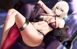 ahoge bikini black_bikini black_choker black_gloves black_jacket blurry blurry_background bottle breasts choker commentary_request cropped_jacket dutch_angle fate/grand_order fate_(series) female gloves grin jacket jeanne_alter jeanne_d'arc_(alter_swimsuit_berserker)_(fate) jeanne_d'arc_(fate)_(all) kisaragi_tsurugi large_breasts navel o-ring o-ring_bikini o-ring_bottom o-ring_top red_legwear short_hair silver_hair single_thighhigh sitting sitting_on_object smile swimsuit thighhighs tsurime wine_bottle yellow_eyes