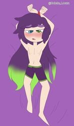 1boy blue_eyes dakimakura dakimakura_design dakimakura_pillow fhs fhsz3r0 fnafhs green_eyes green_hair hands_tied heterochromia long_hair owynn_(fnafhs) purple_hair tied_up two_tone_hair