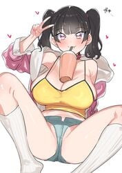 :3 bangs black_hair blunt_bangs blush breasts bubble_tea_challenge camisole cleavage closed_mouth collar cup cute_fang denim denim_shorts disposable_cup drinking_straw drinking_straw_in_mouth eyebrows_visible_through_hair fangs female highres kanna_sasaki_(kaedeko) large_breasts looking_at_viewer micro_shorts object_on_breast original peace_sign purple_eyes short_shorts shorts simple_background solo suisogenshi twintails v v_sign white_background white_legwear