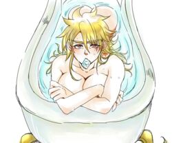 1girls ass ass_up bath bathtub blonde_hair blush breasts condom condom_in_mouth dio_brando female female_dio genderswap genderswap_(mtf) humanoid joestar_birthmark jojo's_bizarre_adventure light-skinned_female light_skin looking_at_viewer nude nude_female red_eyes roka_(jjba) rule_63 solo_female stardust_crusaders stardust_crusaders_(ova) vampire villainess water white_background