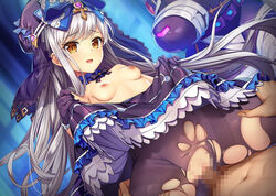 1boy bangs blue_bow bow breasts censored clothes_lift cowgirl_position eyebrows_visible_through_hair female floating_hair game_cg gloves hand_on_another's_leg hat hat_bow kamihime_project layered_skirt lifted_by_self long_hair mosaic_censoring nipples official_art pantyhose penis pov purple_gloves purple_headwear purple_legwear sex shiny shiny_hair silver_hair skirt skirt_lift small_breasts straddling straight topless torn_clothes torn_legwear vaginal_penetration very_long_hair yellow_eyes