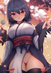 autumn_leaves bangs bare_shoulders belt black_gloves black_hair black_legwear blush breasts censored cloud cloudy_sky darumoon detached_sleeves dress eyebrows_visible_through_hair female gloves hair_between_eyes heart heart_censor highres leaf long_sleeves looking_at_viewer medium_breasts open_mouth orange_sky pom_pom_(clothes) pussy pussy_juice red_belt red_eyes shameimaru_aya short_hair sky solo thighhighs touhou white_dress wings