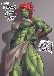 1girls abs big_breasts cassandra_(virgoart1509) clothed clothing female female_only follower_celebration green_skin hands_on_hips humanoid low-angle_view milestone_celebration mostly_nude muscular muscular_female muscular_thighs nose_bandage orc orc_female scar scars scars_all_over solo tagme tusks underboob virgoart1509