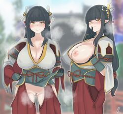 2girls areolae berserkert breasts censored cleavage exhibitionism finger_to_mouth gauntlets hair_ornament hakama highres hime_cut hinoa japanese_clothes kimono kimono_pull large_breasts looking_at_viewer miko minoto mole mole_on_breast monster_hunter monster_hunter_(series) monster_hunter_rise multiple_girls nipples no_bra no_panties one_breast_out pointy_ears presenting_breasts presenting_pussy pubic_hair pussy rope_belt shushing sisters steaming_body twins wyverian yellow_eyes