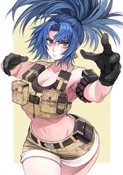 1girls 2d absurdres alternate_costume bandolier biceps big_hair black_gloves black_sports_bra blue_eyes blue_hair breasts camouflage camouflage_shorts carcass_(artist) cleavage earrings female gloves highres ikari_warriors jewelry king_of_fighters large_breasts leona_heidern load_bearing_vest looking_at_viewer midriff military navel ponytail pouch serious shorts snk soldier solo sports_bra thick_thighs thighs triangle_earrings vest weapon