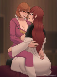 2girls after_kiss ass atlus big_ass breasts brown_hair clothed clothing indoors kissing magna_ferra mitsuru_kirijo persona persona_3 persona_4_arena red_hair saliva saliva_string saliva_trail self_upload shin_megami_tensei sitting_on_lap yukari_takeba yuri