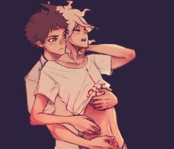 2boys :d ahoge bangs blush brown_hair clothes_lift collarbone color danganronpa danganronpa_(series) danganronpa_2:_goodbye_despair english_commentary frown gay hand_up handjob hinata_hajime hug hug_from_behind looking_pleasured male male/male male_focus male_only multiple_boys nagito_komaeda navel open_mouth penis precum print_shirt purple_background shirt shirt_lift simple_background smile smooth_skin t-shirt upper_teeth yaoi yndr4hope