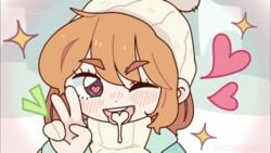 ;d beanie brown_hair clothed cum cum_in_mouth fingers heart-shaped_pupils hearts jacket mouth_open smiling smiling_at_viewer solo solo_female sparkles tagme_(artist) tongue_out turtleneck_sweater v_sign wink yournewwaifu