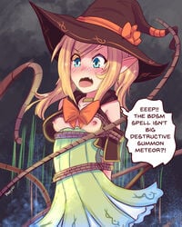 1girls accidental_circumstance accidental_exposure arms_behind_back blonde_hair blue_eyes blush bondage bound breasts dress elf english_text flat_chest open_mouth original original_character pointy_ears poppytart rope rope_bondage small_breasts solo twintails witch_hat