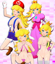 1girls 3d 3d_(artwork) 3d_model areolae banchouforte blender blonde_hair bowsette breasts cleavage crown earrings erect_nipples female female_only fully_clothed jumping large_breasts long_hair mario_(cosplay) mario_(series) naked new_super_mario_bros._u_deluxe nintendo nipples nude overalls panties princess princess_peach pussy skirt super_mario_bros. topless_overalls