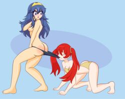 2girls all_fours ass big_ass black_panties blue_eyes blue_hair blush breasts bubble_butt cleavage coppertone dat_ass embarrassed female female_only fire_emblem fire_emblem_awakening light-skinned_female light_skin limbros lucina_(fire_emblem) medium_breasts medium_hair meme multiple_girls nintendo on_knees panties panty_pull petplay pulling pulling_panties red_hair severa_(fire_emblem) source_request swimsuit topless twintails wedgie yellow_panties