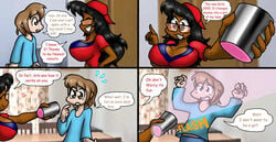 12345td 1boy 1girls 2010 big_breasts black_hair blonde_hair breasts comic_page commission_art dark-skinned_female flashlight glasses kd_(12345td) kecomaster oc original_character shine_(shineofrain) shineofrain surprized