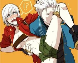 1girls 1male angry blush brother_and_sister dante devil_may_cry genderswap genderswap_(mtf) leg_grab leg_lift leg_up plain_background rule_63 surprised underboob vergil white_skin