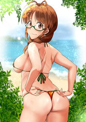 :s adjusting_clothes adjusting_swimsuit akizuki_ritsuko antenna_hair ass bare_arms bare_shoulders beach bikini blush braid brown_eyes brown_hair closed_mouth commentary_request cowboy_shot earrings female from_behind frown glasses green-framed_eyewear green_ribbons hair_over_shoulder idolmaster idolmaster_(classic) jewelry leaning_forward long_hair looking_at_viewer looking_back micro_bikini minpei_ichigo ocean orange_bikini outdoors ribbon single_braid solo sparkle sunlight swimsuit thong_bikini water