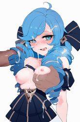 1boy 1girls blue_eyes blue_hair blush breasts cum cum_on_breasts cum_on_face cum_on_tongue dark-skinned_male drill_hair drill_job exposed_breasts grabbing_breasts groping gwen_(league_of_legends) hair_ornament hairjob interracial league_of_legends licking long_hair looking_at_viewer lucian_(league_of_legends) nipples partially_clothed simple_background tongue_out twin_drills wang wang_(artist)