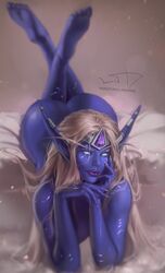 1girls ass barefoot big_ass blue_eyes blue_skin elf feet female female_only hips laying_down laying_on_bed legs looking_at_viewer nightborne realistic round_ass solo tixnen toes warcraft wide_hips world_of_warcraft wow