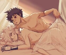 2boys anal bangs bed blanket blush closed_eyes collarbone color danganronpa danganronpa_3 from_side gay heterochromia hinata_hajime implied_anal implied_sex lying male male/male male_focus male_only mechanical_arms messy_hair morning multiple_boys nagito_komaeda nude on_bed on_side open_mouth pillow red_eyes robotic_arm short_hair single_mechanical_arm smooth_skin under_covers underwear wavy_mouth yaoi yndr4hope