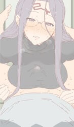 1boy banned_artist big_breasts blush bottomless breasts emiya_shirou facial_mark fate/stay_night fate_(series) female forehead_mark glasses grin large_breasts long_hair looking_at_viewer medusa_(fate) medusa_(rider)_(fate) mo_(kireinamo) paizuri paizuri_under_clothes pov purple_eyes purple_hair small_penis small_penis_adoration smile spread_legs straight