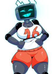 antenna_hair basketball_uniform big_breasts blue_eyes curvy female female_only friday_night_funkin happy hex_(yingyang48) hourglass_figure monitor robot robot_girl rule_63 screen_face shorts smiling thick_thighs