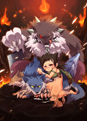 2boys atroce axe bangs black_hair blush bottomless canine censored chains collar commentary_request cover cover_page crop_top doujin_cover emon-yu fire full_body furry green_scarf green_shirt hair_horns holding holding_axe kneeling looking_at_viewer male_focus male_only medium_hair mosaic_censoring multiple_boys penis puppy ragnarok_online ranger_(ragnarok_online) red_eyes scar scar_across_eye scarf shirt sleeveless sleeveless_shirt spiked_collar spikes squatting tongue tongue_out wolf