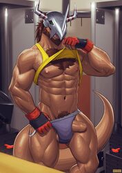 abs absurdres after_exercise bandai beard chest_hair chest_tuft detailed_background digimon fit_male gloves horns jockstrap male male_only metal muscular_male navel nipples pecs penis poking_out pubes pubic_hair raythefox sweat sweatdrop tail undressing wargreymon