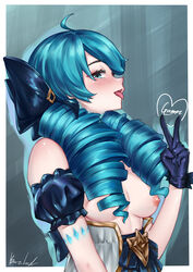 1girls blue_eyes blue_hair blush breasts bwcloud drill_hair exposed_breasts gwen_(league_of_legends) hair_ornament league_of_legends looking_at_viewer nipples open_mouth partially_clothed peace_sign solo text tongue_out twin_drills