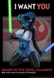 alien alien_girl big_breasts boots breasts curvy elbow_gloves fingerless_gloves gloves high_heel_boots high_heels leather_boots lightsaber long_boots notorious84 pinup propaganda star_wars text twi'lek