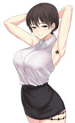 1girls anju_(anjuionushi) armpits blush brown_hair female large_breasts looking_at_viewer original pale-skinned_female queen_of_spades simple_background solo_focus spade tattoo