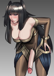 1futa 2d alternate_costume bangs bare_shoulders bent_over big_breasts big_penis black_hair bodystocking breasts cleavage clothed clothing erection fire_emblem fire_emblem_awakening fire_emblem_heroes futa_only futanari hi_res high_resolution highres huge_breasts light-skinned_futanari light_skin lips looking_at_viewer mostly_clothed otto_cubze pale_skin penis penis_out plegian precum simple_background solo solo_futa standing tagme tharja_(fire_emblem) tharja_(plegian)_(fire_emblem) thick_lips