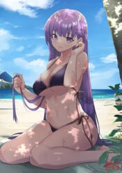 1girls absurdres bangs bare_arms bare_legs bare_shoulders barefoot beach beach_towel bikini black_bikini blue_sky blush braid breasts brown_ribbon cleavage closed_mouth collarbone dappled_sunlight day eyebrows_visible_through_hair female fire_emblem fire_emblem:_the_binding_blade highres holding holding_hair large_breasts looking_at_viewer navel nintendo ocean outdoors purple_eyes purple_hair ribbon shimotsuki_shio side-tie_bikini sitting sky smile solo solo_female sophia_(fire_emblem) stomach sunlight swimsuit towel tree underboob wariza water