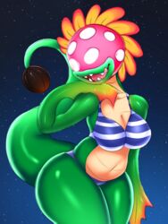 anthro anthro_only bikini breasts dino_piranha female green_skin leaf licking_lips mario_(series) night_sky nintendo no_eyes pinup piranha_plant plant_girl pukemilked sharp_teeth smile smiling solo solo_female super_mario_galaxy tagme tail thick_thighs tongue_out wide_hips