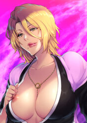 1girls alternate_hairstyle areola_slip areolae big_breasts bleach blonde_hair breasts busty center_opening chain_necklace chains clavicle cleavage clothing collarbone eyebrows_visible_through_hair eyelashes female female_only hair_between_eyes japanese_clothes jewelry karei_(zeroseed) kimono licking licking_lips light-skinned_female light_skin lipstick long_hair looking_at_viewer makeup matsumoto_rangiku mole mole_under_mouth naughty_face necklace nipple_slip nipples no_bra no_underwear one_breast_out pendant pink_lips pinup presenting presenting_breasts shoulder_length_hair smile solo teasing undressing upper_body