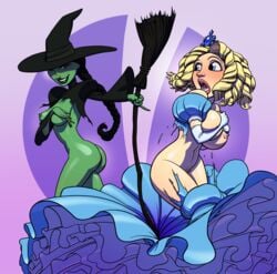 accidental_exposure ass blonde_hair blush braid breasts broomstick duo elphaba embarrassed female female_only gao23 glinda green_skin hat nipples pubic_hair ripped_clothing stripped the_wizard_of_oz wardrobe_malfunction wicked wicked_witch_of_the_west witch witch_hat