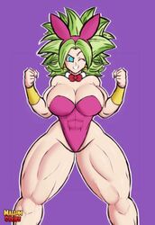 abs big_breasts breasts bunny_ears bunny_girl bunnysuit curvaceous curvy dragon_ball dragon_ball_super earrings fusion green_hair huge_breasts kefla mallow_strife muscles muscular muscular_female one_eye_closed potara_earrings purple_background seductive smile solo teeth wink