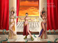 3girls a_princess_of_mars armpits arms_up belly_dancer belly_dancer_outfit black_hair bondage braid brown_hair cleavage crossover dancer dancer_outfit dejah_thoris enslaved_royal hair_ornament harem harem_girl harem_outfit headdress huge_breasts john_carter_of_mars ladykraken large_breasts loincloth long_hair metal_bikini micro_bikini pillar princess_aura princess_leia_organa short_hair slave slave_bikini slave_leia slave_outfit slavegirl star_wars tickling tied_up voluptuous