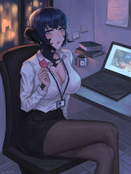 au_ra blue_eyes blush blushing button_down_shirt cleavage clothing computer computer_screen condom condom_in_hand detective_nanama electronics final_fantasy final_fantasy_xiv id_card implied_fellatio implied_sex lanyard laptop lsls nanama_kha nanamaxiv neckwear office office_chair stockings xaela