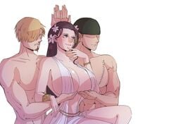 1girls 2boys breast_hold breast_support cosplay crossover female female_focus finger_to_face hands_under_breasts holding_breast holding_up_breasts huge_breasts male meme muscles muscular muscular_male nico_robin nzkn one_piece parody pose roronoa_zoro servants_holding_aphrodite's_breasts_(meme) topless_male vinsmoke_sanji voluptuous