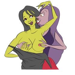 banjo-kazooie breasts dismal_don disney disney_villains duo female game_over_gruntilda green_skin gruntilda madam_mim nipples the_sword_in_the_stone white_background